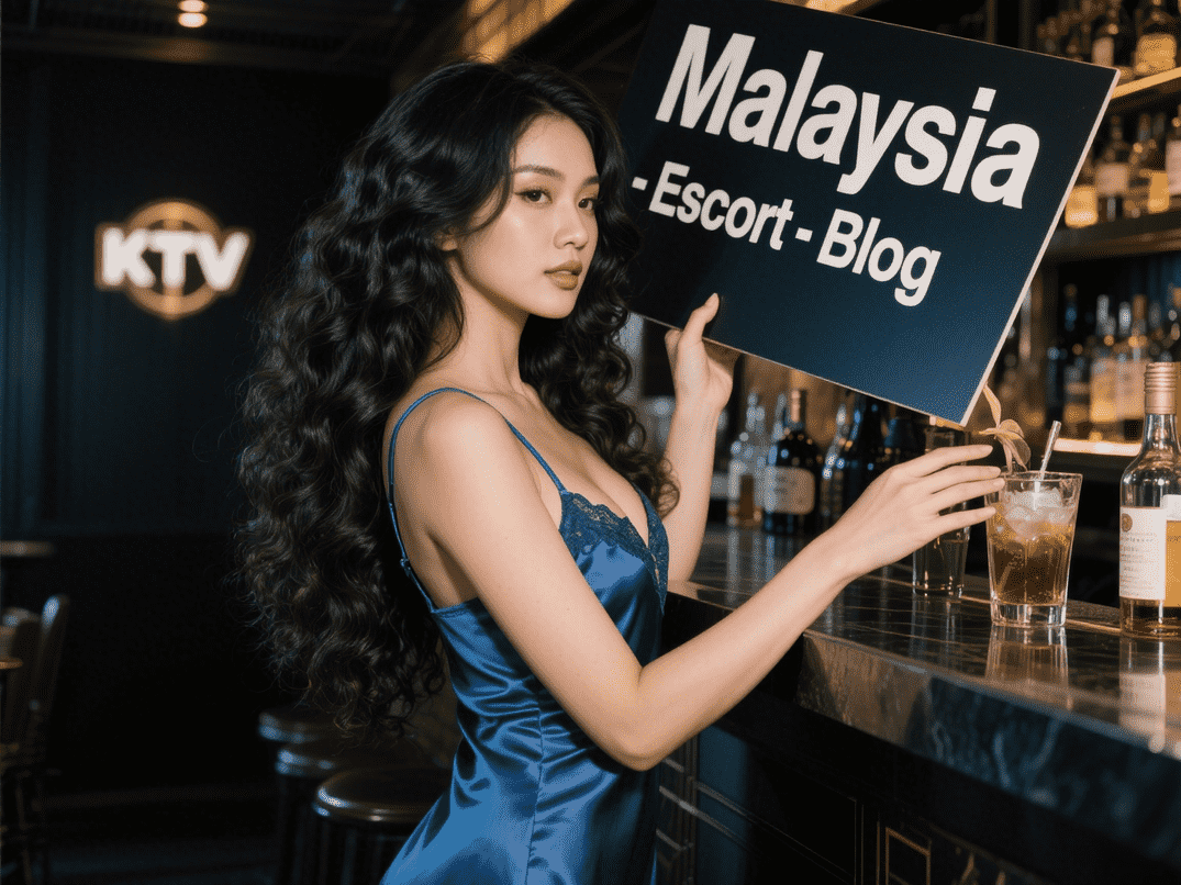 Woman holding a sign for "Malaysia - Escort - Blog" at a bar. Malay Escort Services in Kuala Lumpur.