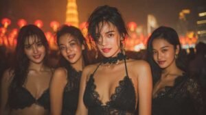 Four women in black lace outfits enjoying Bangkok nightlife, party