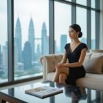 Woman in black dress sitting on a sofa, overlooking city skyline through large windows