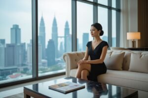 Woman in black dress sitting on a sofa, overlooking city skyline through large windows