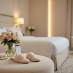 Luxury hotel room with fresh flowers, slippers, and a plush bed. Elegant getaway.