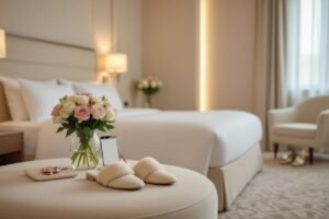 Luxury hotel room with fresh flowers, slippers, and a plush bed. Elegant getaway.