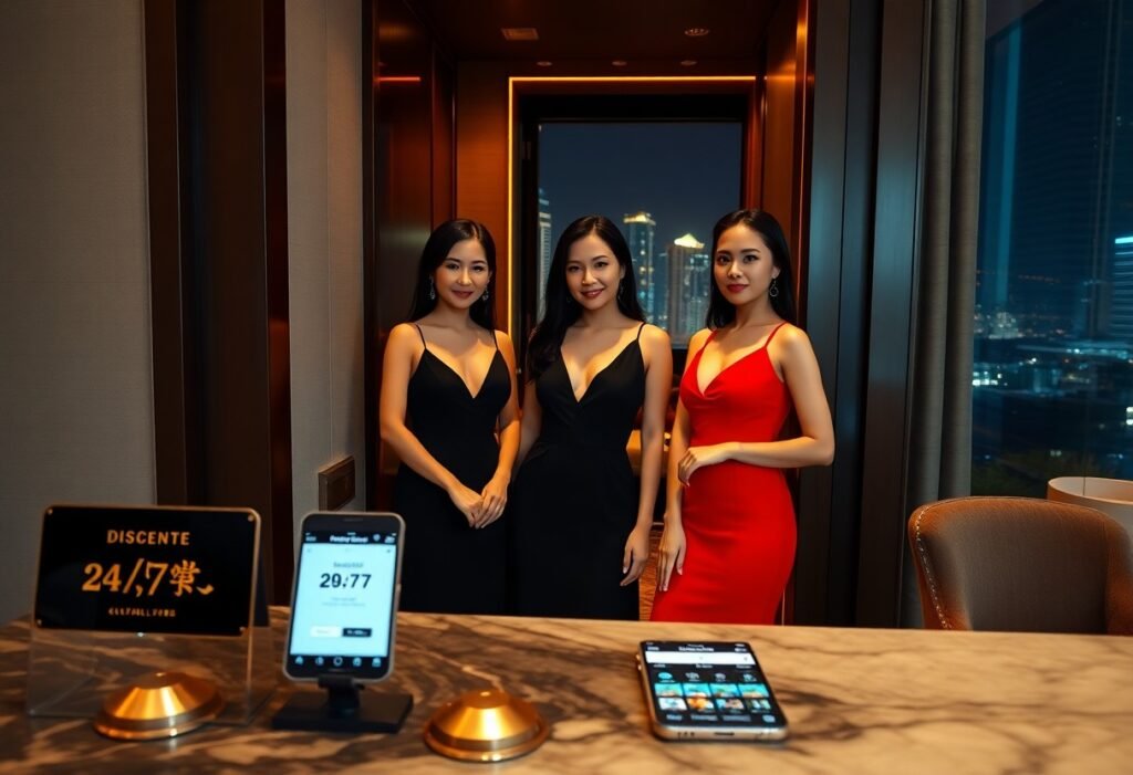 Three women at a concierge desk in a luxury hotel with a city view