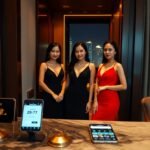 Three women at a concierge desk in a luxury hotel with a city view