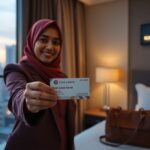 Woman in hijab at Kuala Lumpur hotel presenting a business card. Kuala Lumpur skyline visible.