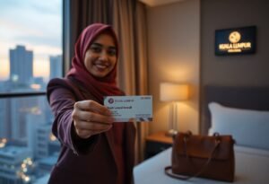 Woman in hijab at Kuala Lumpur hotel presenting a business card. Kuala Lumpur skyline visible.