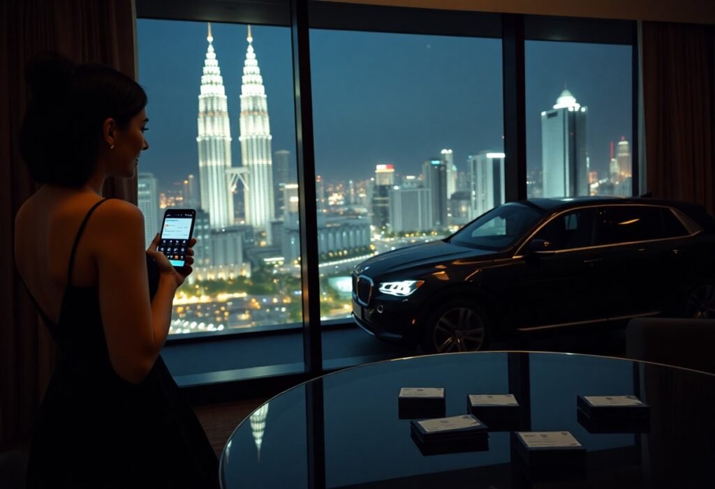 Woman takes photo of Kuala Lumpur skyline with Petronas Towers and luxury car in foreground.