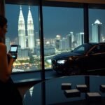 Woman takes photo of Kuala Lumpur skyline with Petronas Towers and luxury car in foreground.