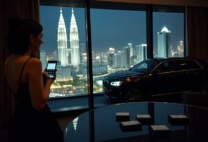 Woman takes photo of Kuala Lumpur skyline with Petronas Towers and luxury car in foreground.