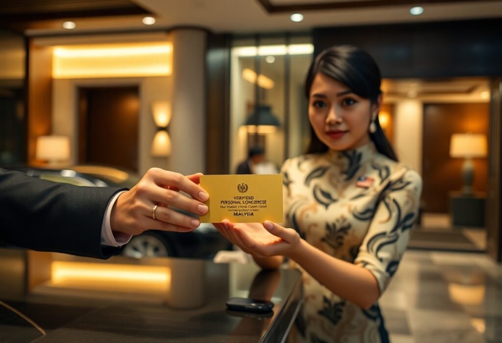 Hotel concierge in Malaysia handing over a business card. Focus on hospitality and service.