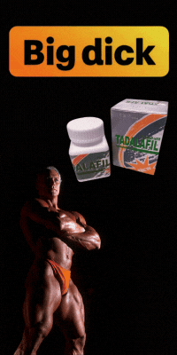 Tadalafil erectile dysfunction pills with a bodybuilder. Text: "Big dick.