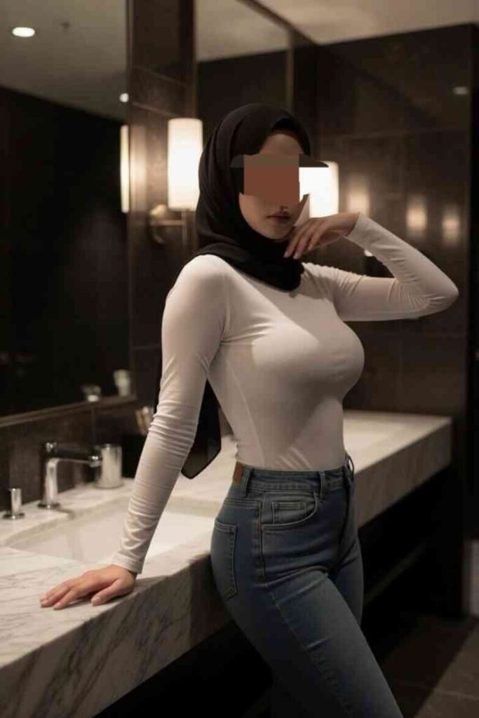 Zana, a 22yo Malaysian beauty in a hijab and jeans, poses sensually.