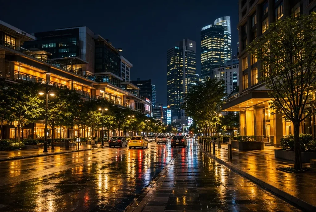 Wet city street at night with glowing lights and cars