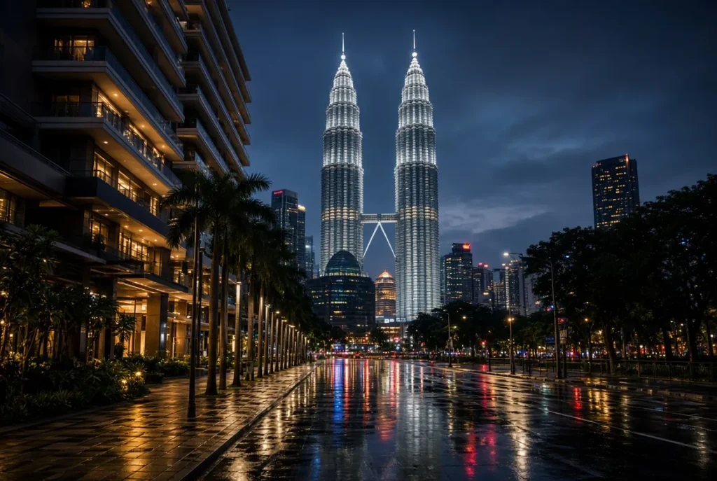 Petronas Twin Towers at night in Kuala Lumpur, Malaysia, with wet streets reflecting lights.