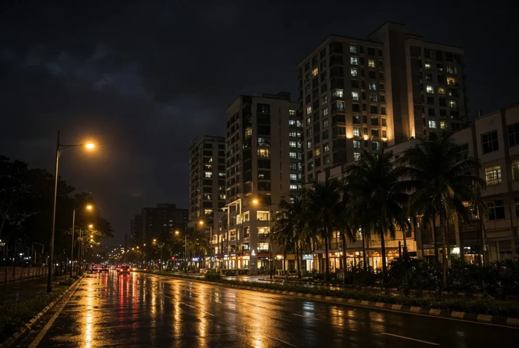 Rainy night street scene with glowing streetlights reflecting on wet asphalt and modern buildings.